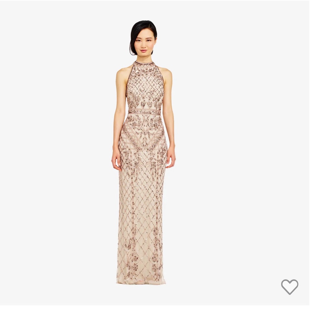 Adrianna Papell Mock Neck Beaded Dress with T-neck in Biscotti sz14